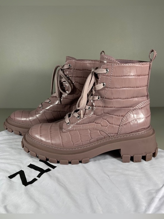 SCHUTZ Shoes - Schutz Orly Croc Print Lug Sole Lilac Combat Shiny Leather Boots
